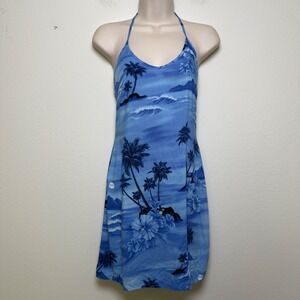 VTG Y2K Aqua Blues Women Mini Dress Small Blue Tropical Palm Tree Halter Resort